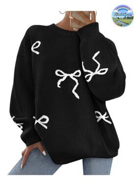 PRETTYGARDEN Women Long Sleeve Cute Bow Oversized Sweater